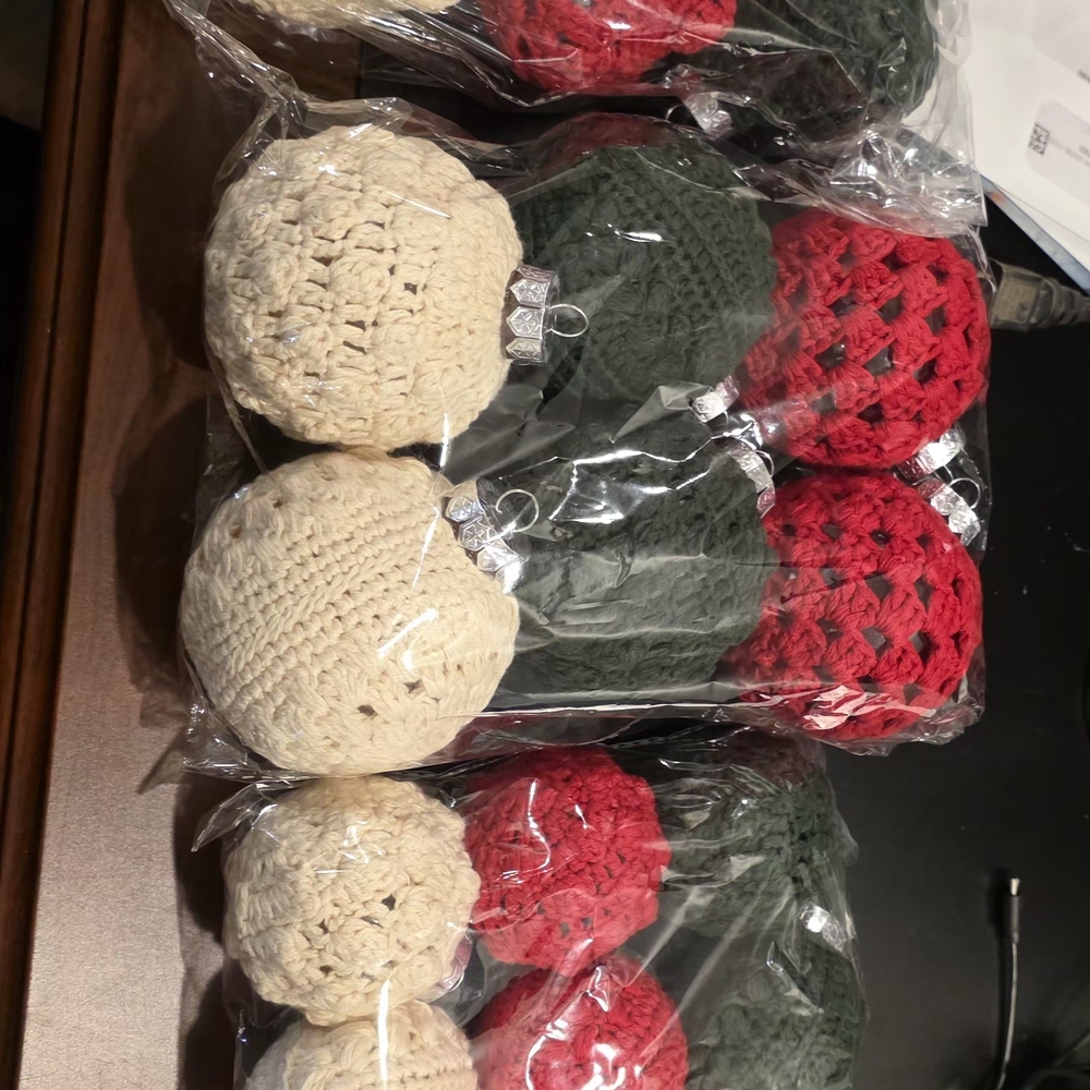 Handmade Crochet Christmas Ornaments - Cream, Green & Red